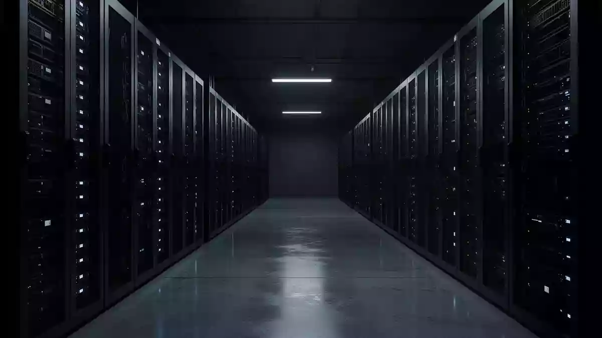Ein dunkler, minimalistischer Serverraum mit unbeleuchteten Geräteschränken in einer kühlen, industriellen Umgebung. Illustration mit AI erstellt.