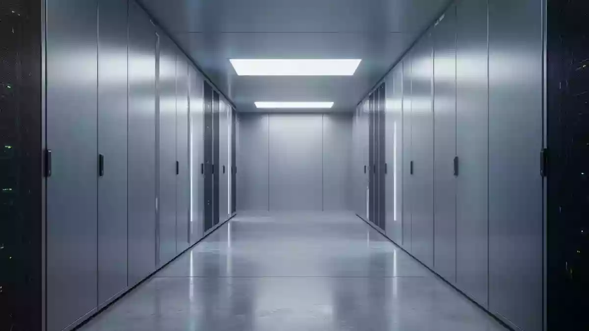 Ein minimalistischer, moderner Flur in einem Rechenzentrum mit poliertem Boden und kühler, diffuser Beleuchtung. Illustration mit AI erstellt.