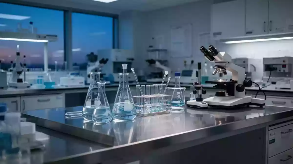 Ein steriler, modern ausgestatteter medizinischer Laborraum mit präzisen wissenschaftlichen Geräten auf einer Arbeitsfläche. Illustration mit AI erstellt.