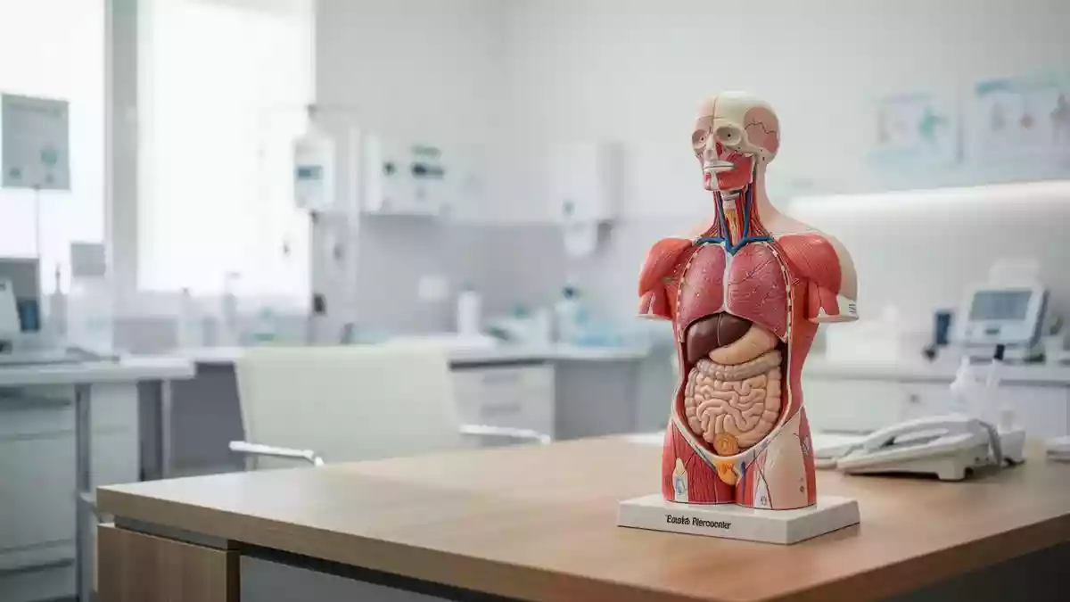 Anatomisches Modell eines menschlichen Oberkörpers in einem hellen, modernen medizinischen Behandlungsraum. Illustration mit AI erstellt.