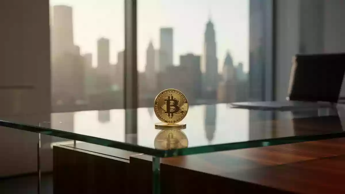 Eine einzelne physische Bitcoin-Münze auf einem Schreibtisch in einem modernen Büro vor einer verschwommenen Skyline. Illustration mit AI erstellt.
