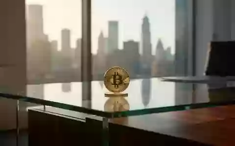 Eine einzelne physische Bitcoin-Münze auf einem Schreibtisch in einem modernen Büro vor einer verschwommenen Skyline. - Foto: über boerse-global.de