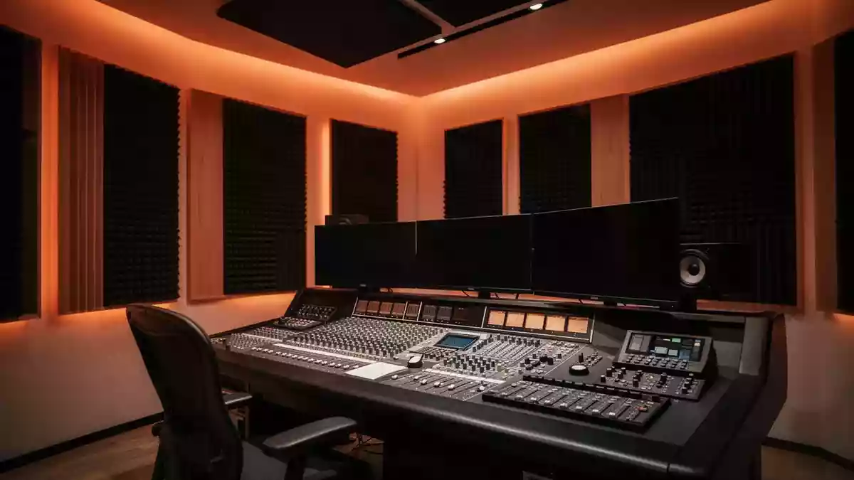 Ein minimalistisches Tonstudio mit akustischen Wandpaneelen und ausgeschalteten Mischpulten in stimmungsvollem Licht. Illustration mit AI erstellt.