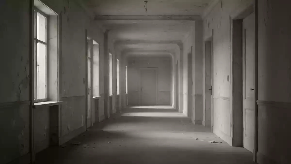 Ein leerer, verwinkelter Flur in einem schlichten Gebäude, der die Komplexität räumlicher Orientierung symbolisiert. Illustration mit AI erstellt.