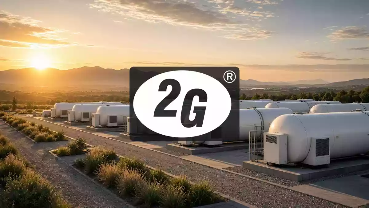 Moderne Energieanlage bei Sonnenaufgang als Symbol für nachhaltiges Unternehmenswachstum. Illustration mit AI erstellt.