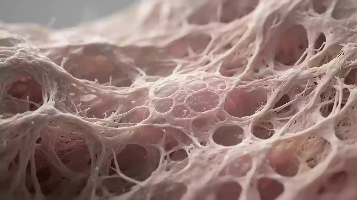Nahaufnahme einer biologischen Gewebestruktur mit feinen Faserstrukturen und zellulären Mustern. Illustration mit AI erstellt.