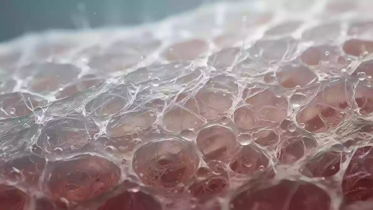 Nahaufnahme einer gesunden, durchscheinenden Knorpelstruktur unter Laborlicht. Illustration mit AI erstellt.