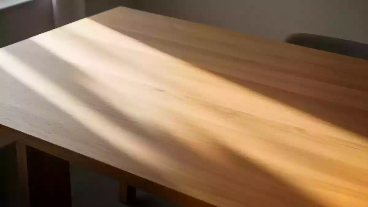 Ein minimalistischer, leerer Schreibtisch aus Holz mit weichem Lichteinfall und deutlichen Schattenwürfen. Illustration mit AI erstellt.