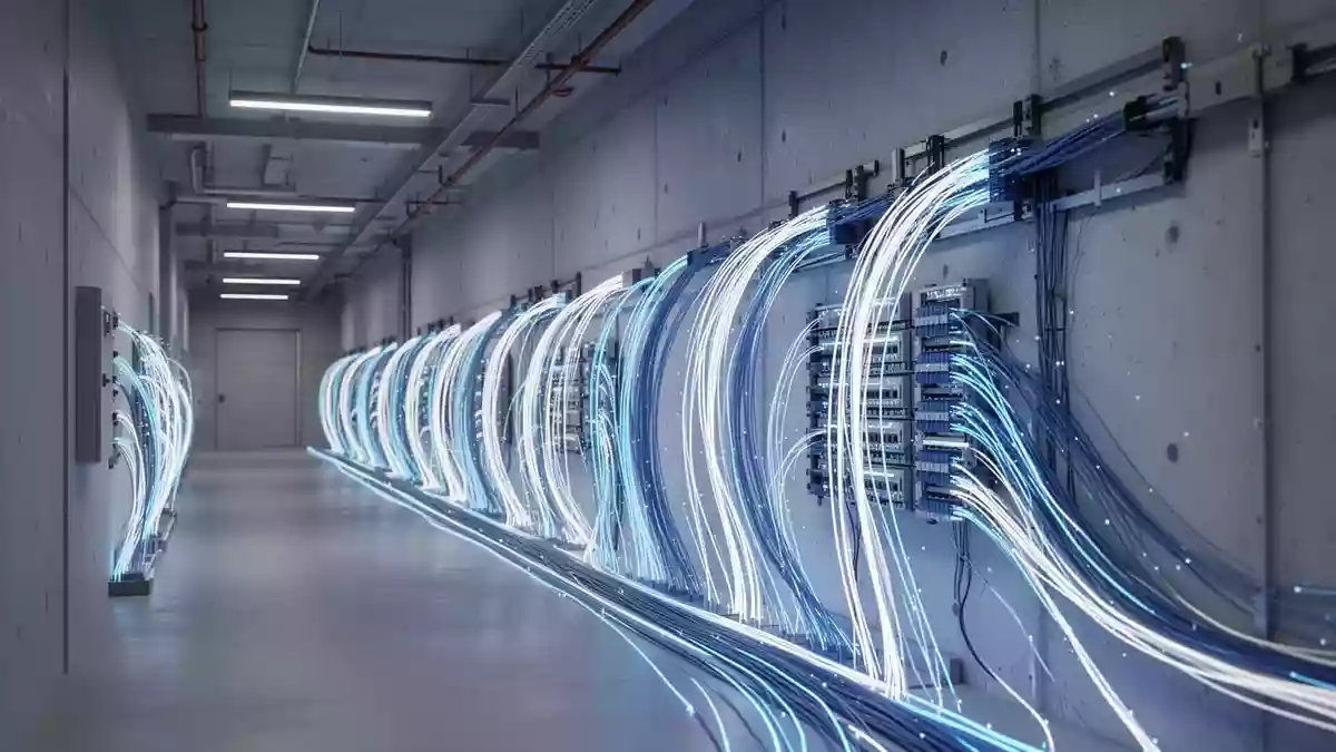 Modernes Glasfaser-Infrastruktur-Design in einem Rechenzentrum mit blau leuchtenden Kabeln an einer Betonwand. Illustration mit AI erstellt.