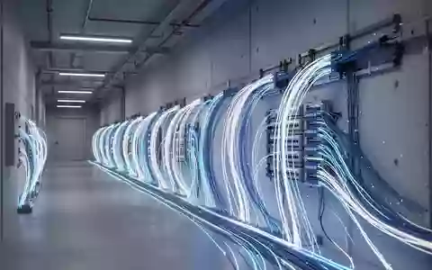 Modernes Glasfaser-Infrastruktur-Design in einem Rechenzentrum mit blau leuchtenden Kabeln an einer Betonwand. - Foto: über boerse-global.de
