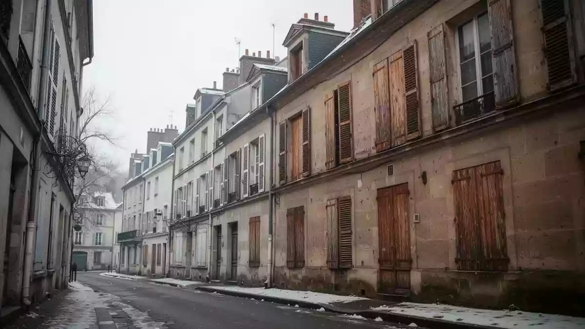 Eine ruhige französische Wohnstraße im Winter mit geschlossenen Fensterläden an alten Steingebäuden. Illustration mit AI erstellt.