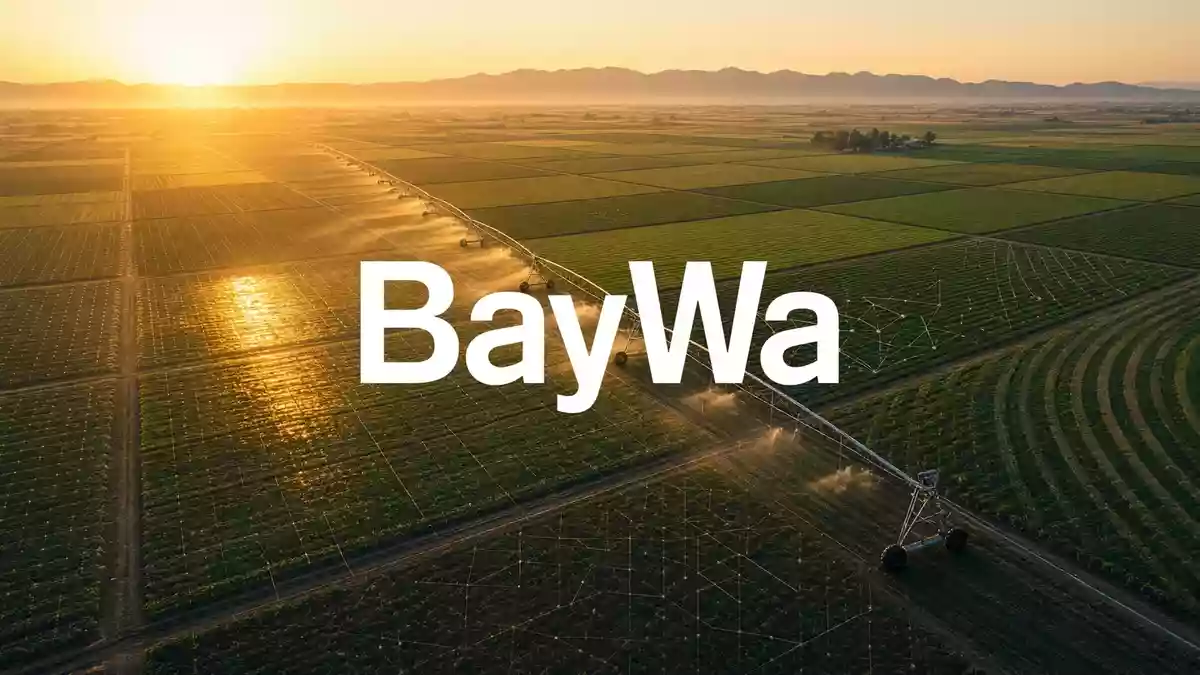 Moderne, digitalisierte Agrarlandschaft bei Sonnenuntergang als Symbol für technologischen Fortschritt in der Landwirtschaft Illustration mit AI erstellt.
