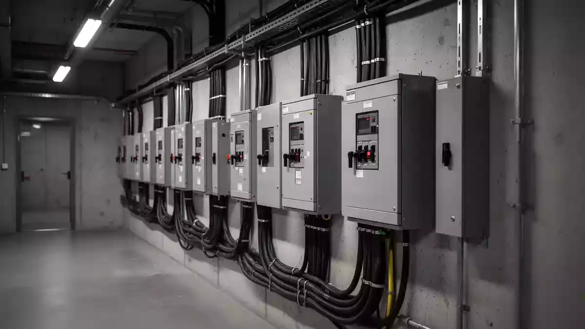 Ein technischer Raum mit grauen Stromverteilerschränken und Leitungen an einer Betonwand. Illustration mit AI erstellt.