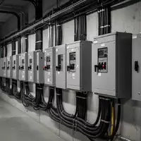 Ein technischer Raum mit grauen Stromverteilerschränken und Leitungen an einer Betonwand. - Foto: über boerse-global.de
