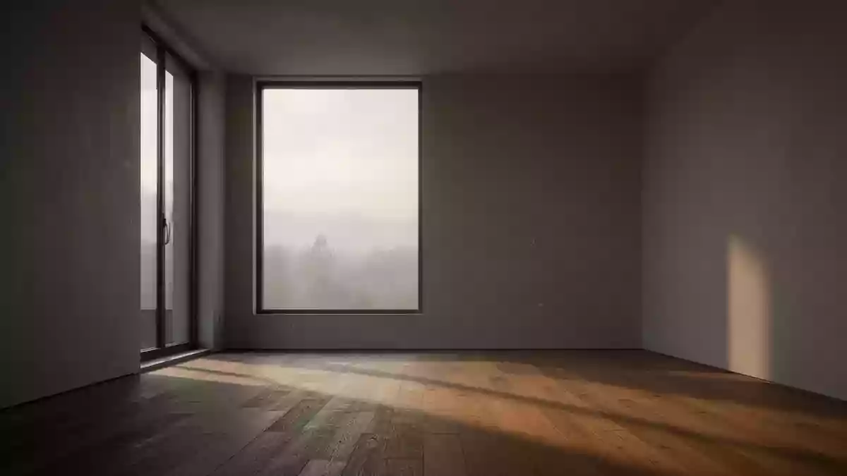 Ein minimalistischer, leerer Raum in den frühen Morgenstunden mit sanftem, diffusem Licht und langen Schatten auf einem Holzboden. Illustration mit AI erstellt.