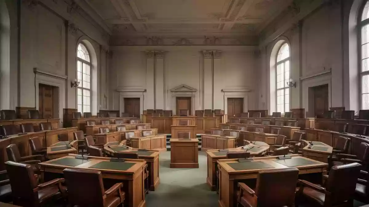 Leerer Plenarsaal eines Landtags mit hölzernen Sitzreihen und historischer Architektur bei natürlichem Lichteinfall. Illustration mit AI erstellt.