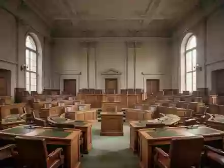 Leerer Plenarsaal eines Landtags mit hölzernen Sitzreihen und historischer Architektur bei natürlichem Lichteinfall. - Foto: über boerse-global.de