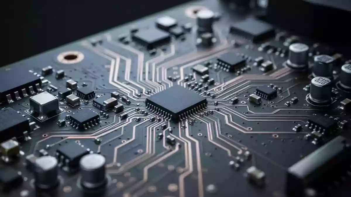 Nahaufnahme einer modernen Hauptplatine mit komplexen Leiterbahnen und elektronischen Bauteilen in einer industriellen Umgebung. Illustration mit AI erstellt.