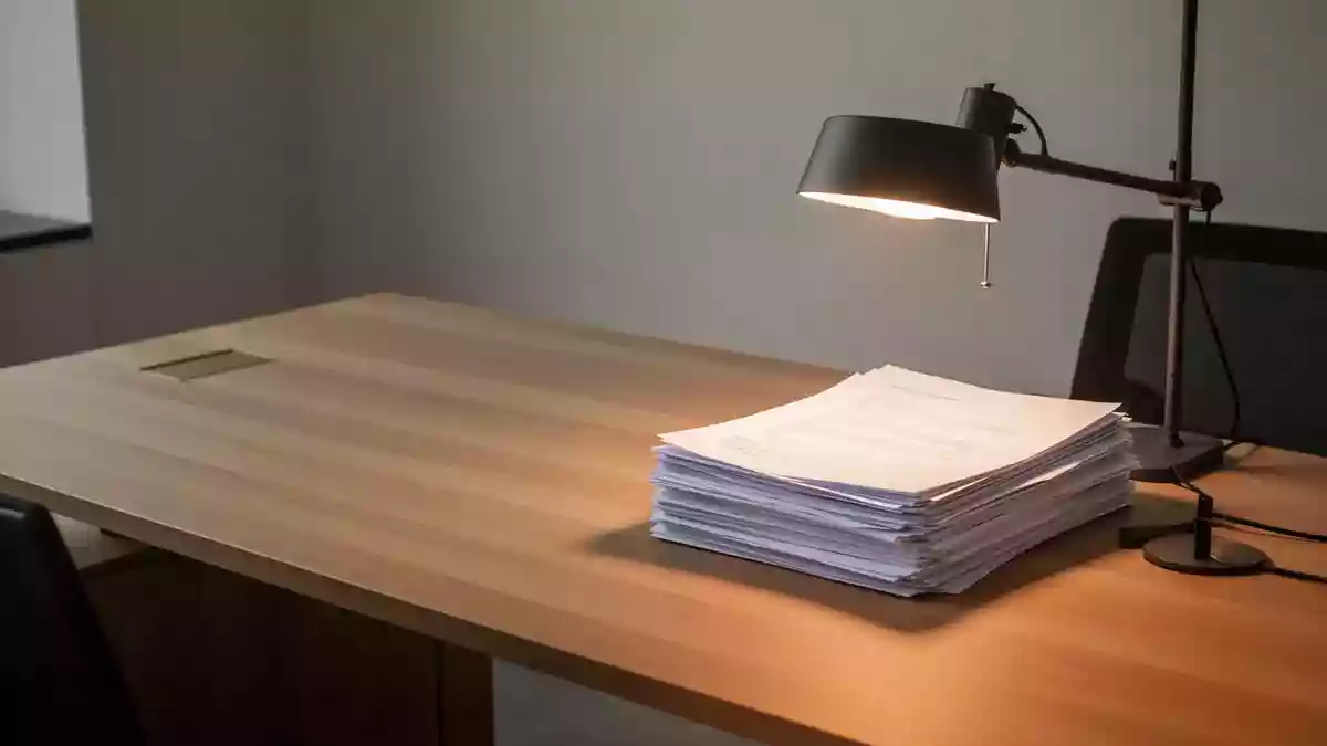 Ein minimalistischer Arbeitsplatz mit einem Stapel geordneter Dokumente auf einem Holztisch unter warmem Licht. Illustration mit AI erstellt.