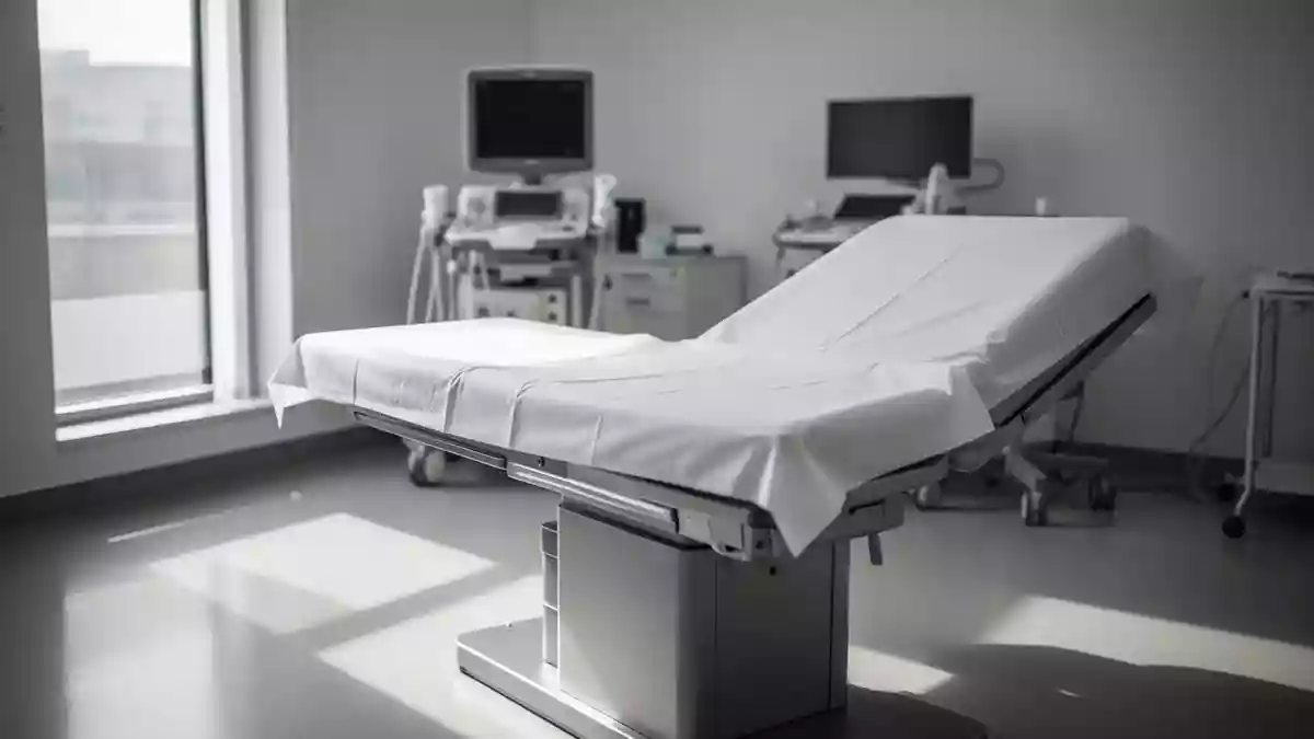 Ein leerer, klinischer Untersuchungsraum mit medizinischem Equipment in einer modernen Arztpraxis. Illustration mit AI erstellt.