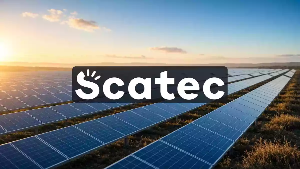 Moderne Solarpark-Anlage bei Sonnenuntergang als Symbol für erneuerbare Energien und Investitionen. Illustration mit AI erstellt.