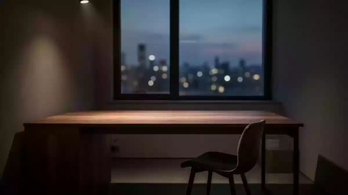 Ein minimalistisch eingerichteter, leerer Schreibtisch in einem dunklen Raum bei Dämmerung mit abstraktem Stadtlicht im Hintergrund. Illustration mit AI erstellt.