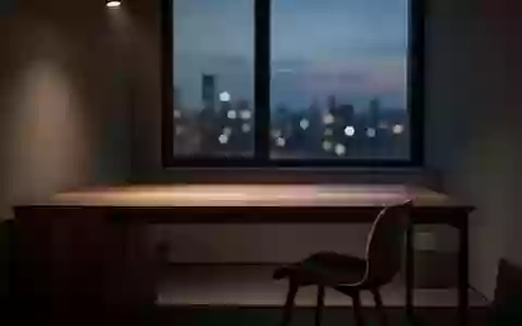 Ein minimalistisch eingerichteter, leerer Schreibtisch in einem dunklen Raum bei Dämmerung mit abstraktem Stadtlicht im Hintergrund. - Foto: über boerse-global.de