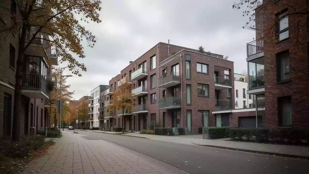 Eine ruhige Wohnstraße mit modernen Mehrfamilienhäusern an einem bewölkten Herbsttag. Illustration mit AI erstellt.