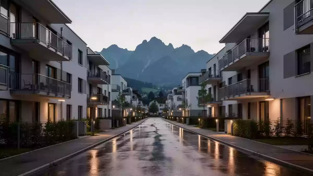 Moderne Wohngebäude in Bregenz vor einer alpinen Kulisse in der Dämmerung. Illustration mit AI erstellt.