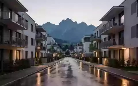 Moderne Wohngebäude in Bregenz vor einer alpinen Kulisse in der Dämmerung. - Foto: über boerse-global.de