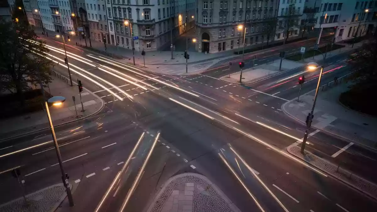 Eine leere, beleuchtete Stadtkreuzung in München bei Dämmerung, die den städtischen Raum für zukünftige Mobilitätsprojekte zeigt. Illustration mit AI erstellt.