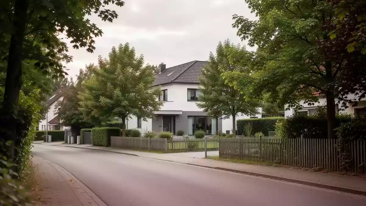 Ein ruhiges Wohngebiet mit einem Einfamilienhaus und einem Garten in einer brandenburgischen Kleinstadt. Illustration mit AI erstellt.