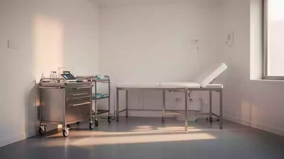 Ein heller, steriler Behandlungsraum in einer modernen medizinischen Einrichtung mit minimalistischer Ausstattung. Illustration mit AI erstellt.