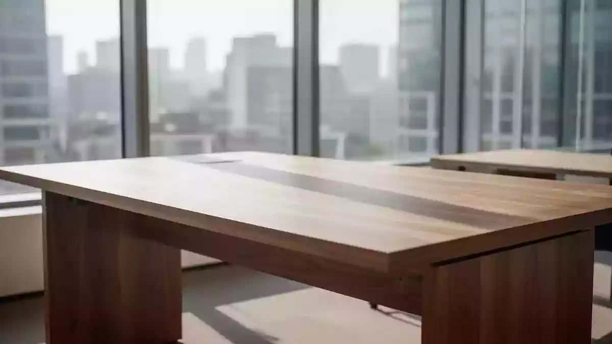 Ein minimalistischer, aufgeräumter Schreibtisch in einem hellen, modernen Büro mit natürlichem Lichteinfall. Illustration mit AI erstellt.