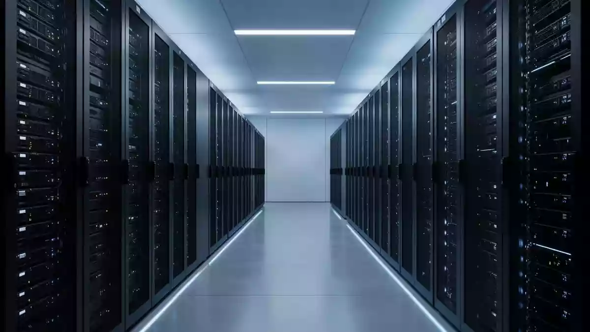 Ein moderner, minimalistischer Serverraum mit dunklen, glatten Server-Racks und kühler blauer Beleuchtung. Illustration mit AI erstellt.