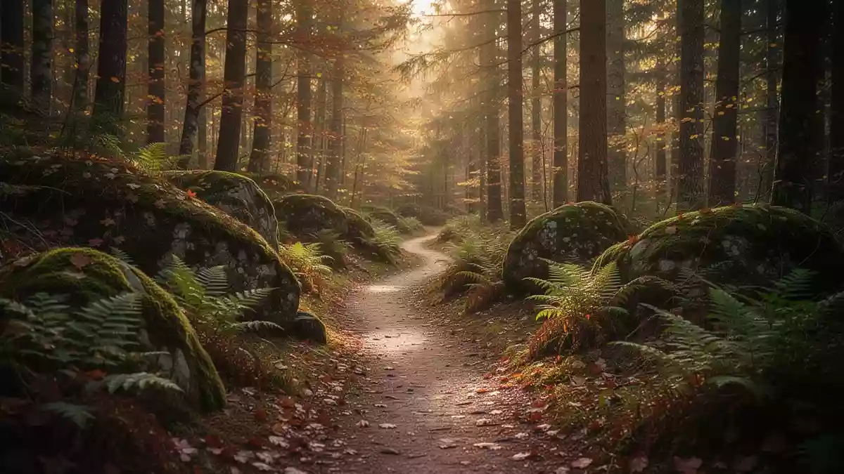 Ein gewundener Waldweg im herbstlichen Wald, durch den das Sonnenlicht sanft durch das Blätterdach fällt. Illustration mit AI erstellt.