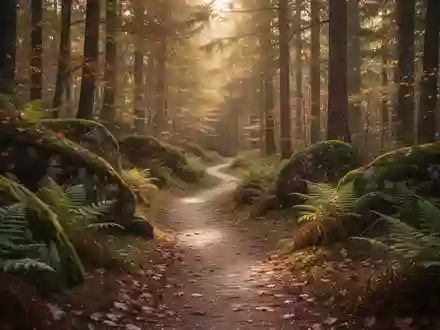 Ein gewundener Waldweg im herbstlichen Wald, durch den das Sonnenlicht sanft durch das Blätterdach fällt. - Foto: über boerse-global.de