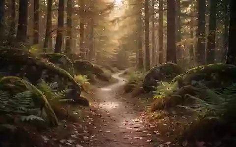 Ein gewundener Waldweg im herbstlichen Wald, durch den das Sonnenlicht sanft durch das Blätterdach fällt. - Foto: über boerse-global.de