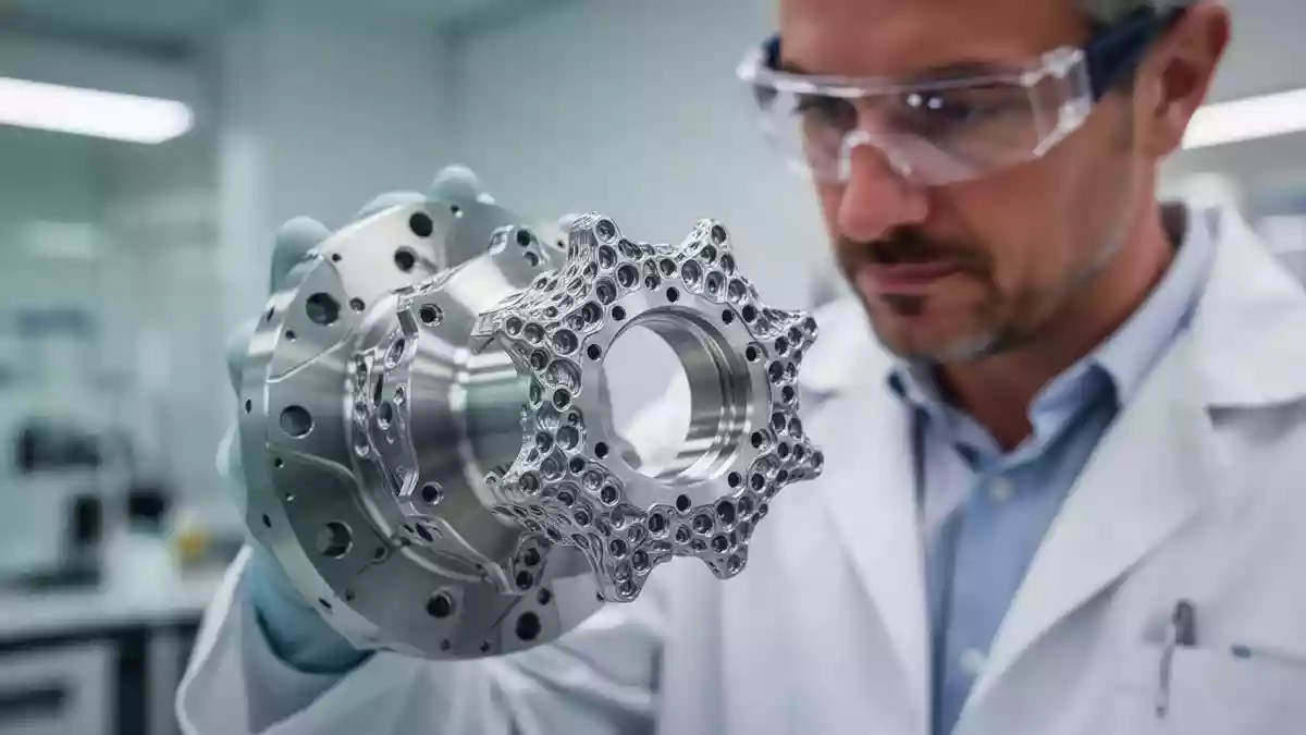 Ein Techniker in einem modernen Labor untersucht eine präzisionsgefertigte Metallkomponente für einen SMR-Reaktor. Illustration mit AI erstellt.