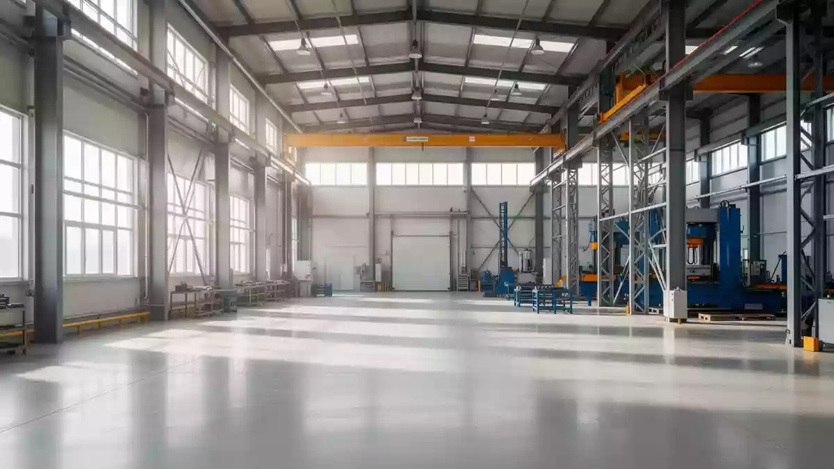Eine leere, aufgeräumte industrielle Werkstatt mit hohen Decken und einfallendem Tageslicht, die eine strukturierte Arbeitsumgebung zeigt. Illustration mit AI erstellt.
