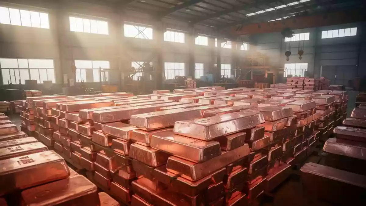 Gestapelte Kupferbarren in einer modernen Produktionshalle eines chinesischen Industriebetriebs. Illustration mit AI erstellt.