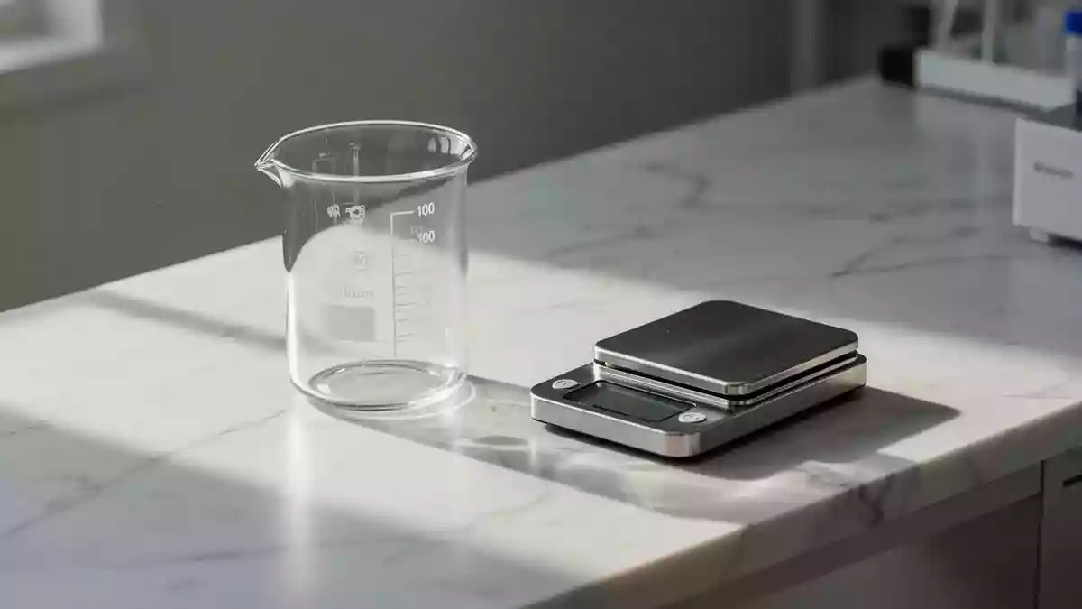 Ein leeres Laborarbeitsplatz-Setup mit einem Glasbecher und einer Waage auf einer weißen Oberfläche. Illustration mit AI erstellt.