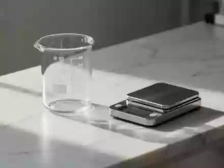 Ein leeres Laborarbeitsplatz-Setup mit einem Glasbecher und einer Waage auf einer weißen Oberfläche. - Foto: über boerse-global.de