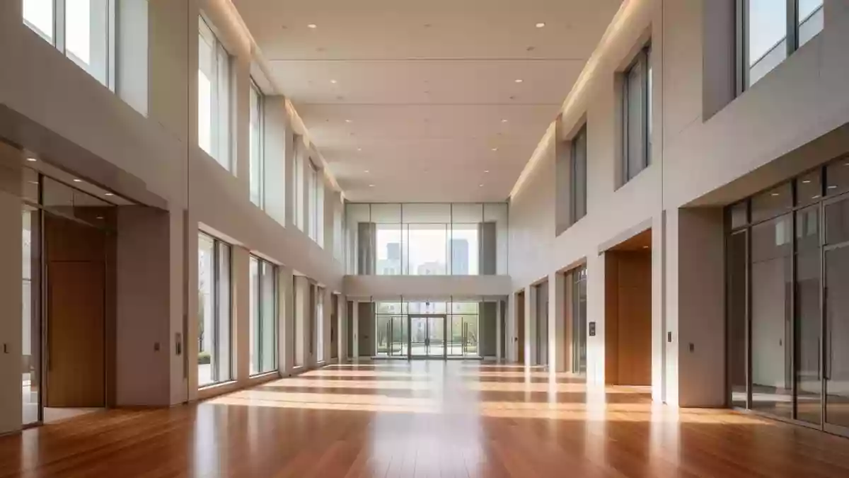 Ein heller, minimalistischer Flur in einem modernen Verwaltungsgebäude mit architektonischen Linien und natürlichem Licht. Illustration mit AI erstellt.