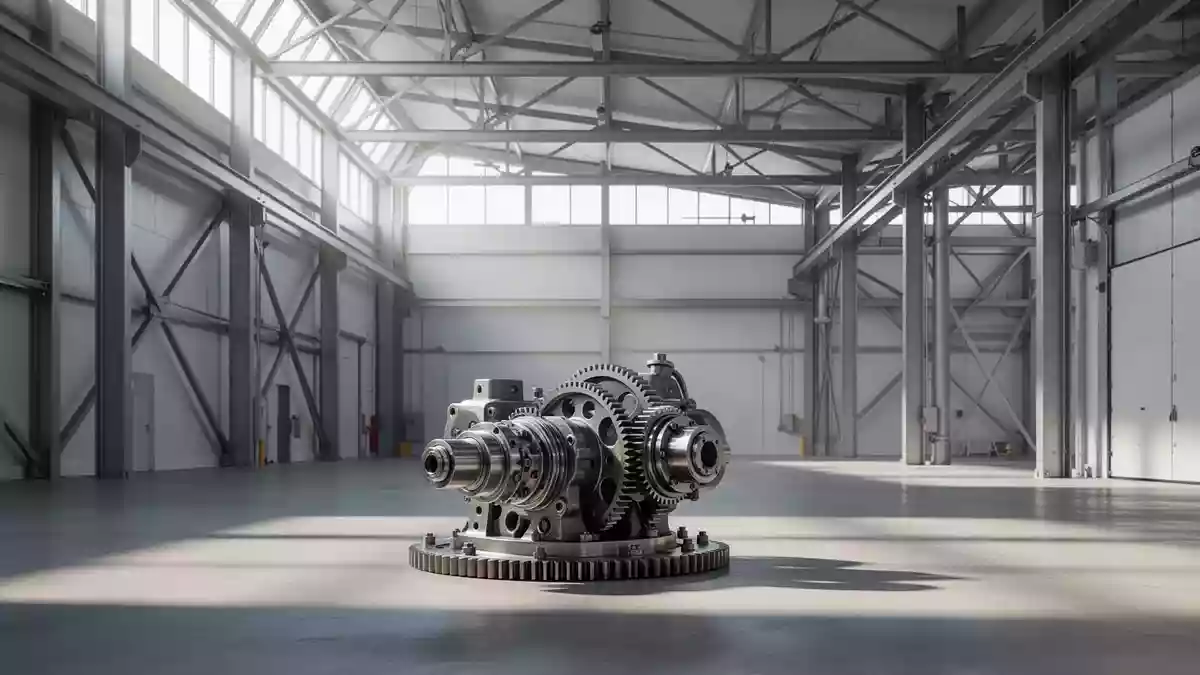 Eine moderne Industriehalle mit präzisen mechanischen Bauteilen in einer hellen, sauberen Produktionsumgebung. Illustration mit AI erstellt.