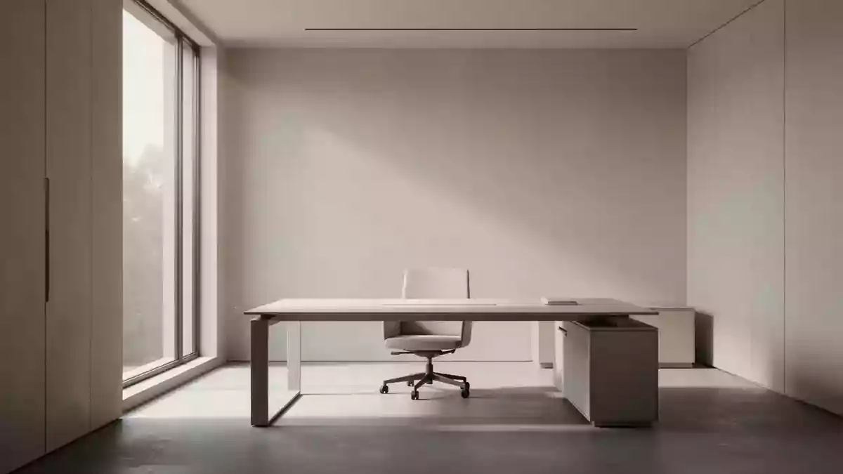 Minimalistisches, modernes Bürointerieur mit weichem Tageslicht und klaren architektonischen Linien. Illustration mit AI erstellt.