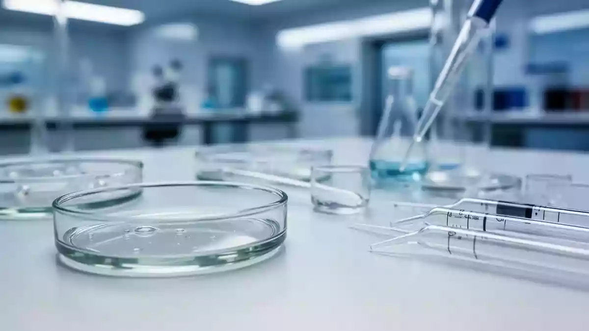 Laborausstattung mit Petrischalen und Laborgeräten in einer sterilen Forschungsumgebung. Illustration mit AI erstellt.