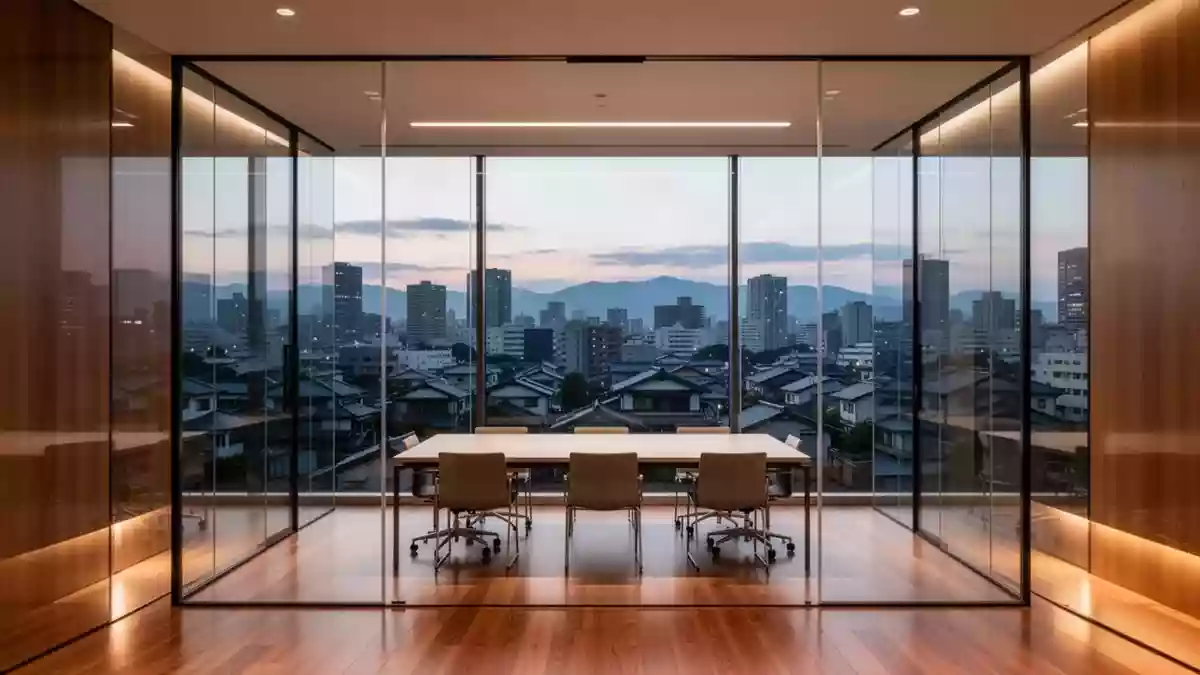 Ein minimalistischer, moderner Konferenzraum mit Blick auf eine japanische Stadt bei Dämmerung. Illustration mit AI erstellt.