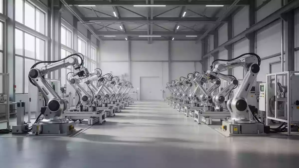 Eine moderne, helle Industriehalle mit präzisen Roboterarmen und Fertigungsanlagen in einer deutschen Fabrik. Illustration mit AI erstellt.