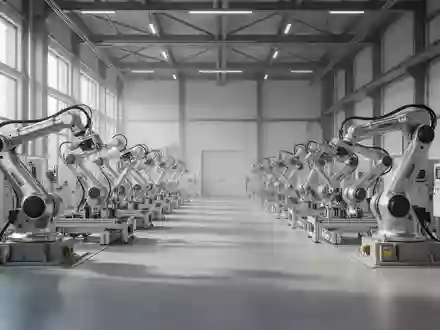 Eine moderne, helle Industriehalle mit präzisen Roboterarmen und Fertigungsanlagen in einer deutschen Fabrik. - Foto: über boerse-global.de